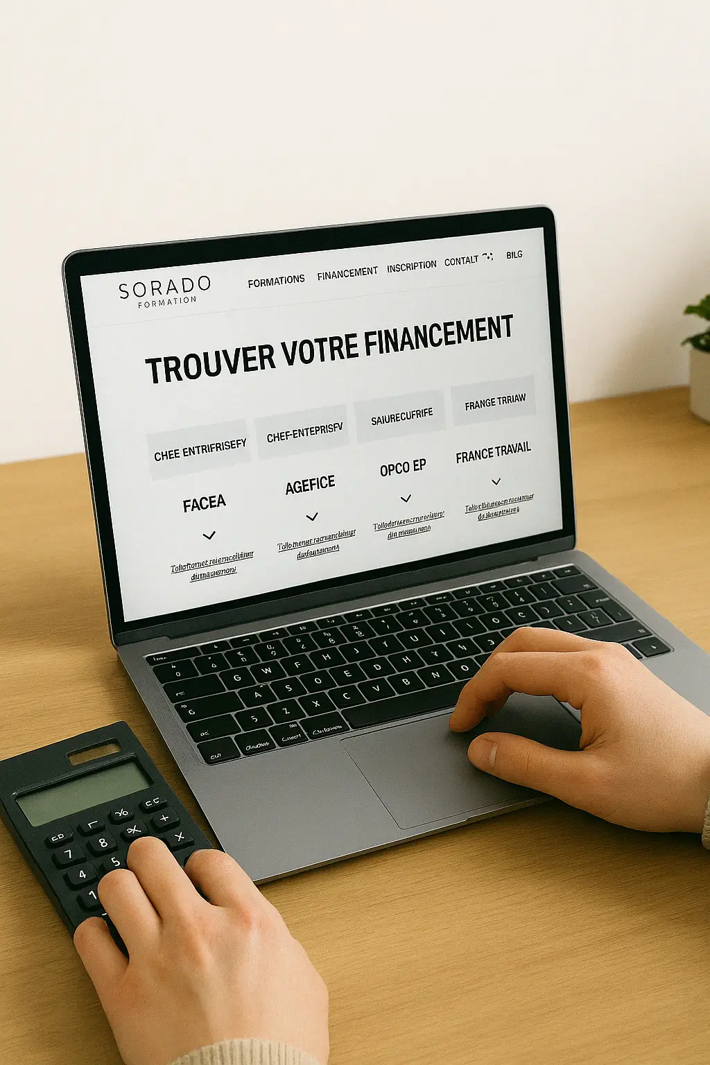 Page de financement des formations Sorado affichée sur un ordinateur portable, avec main et calculatrice