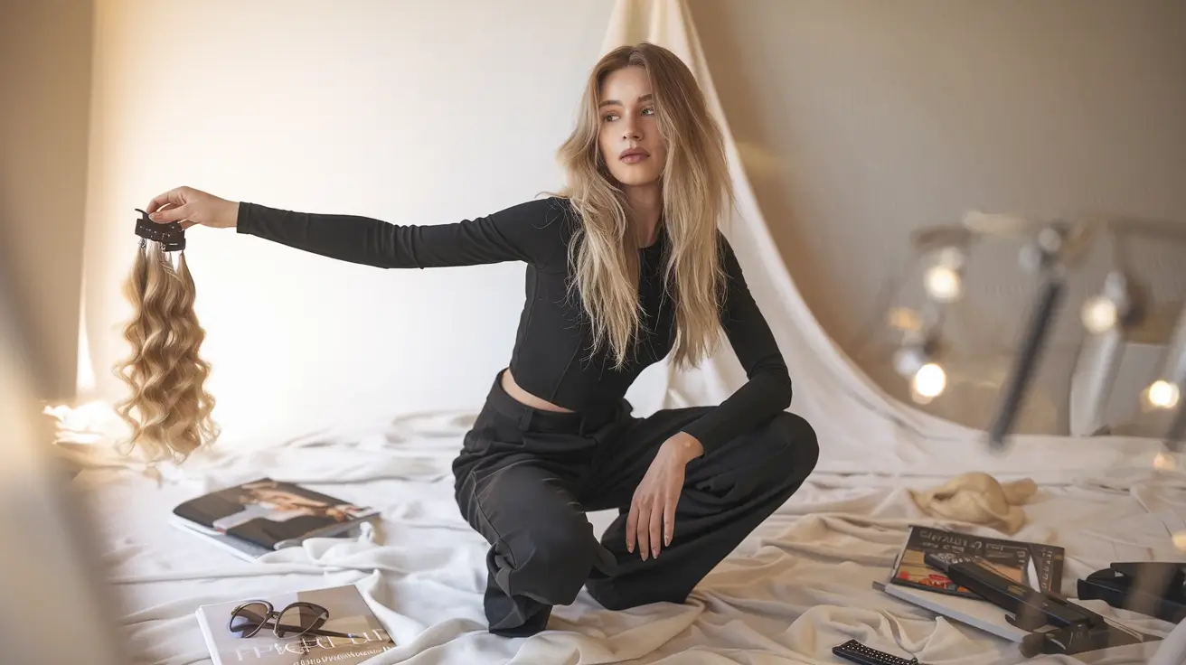 Jeune femme blonde à genoux tenant une extension à clips ondulée dans une chambre