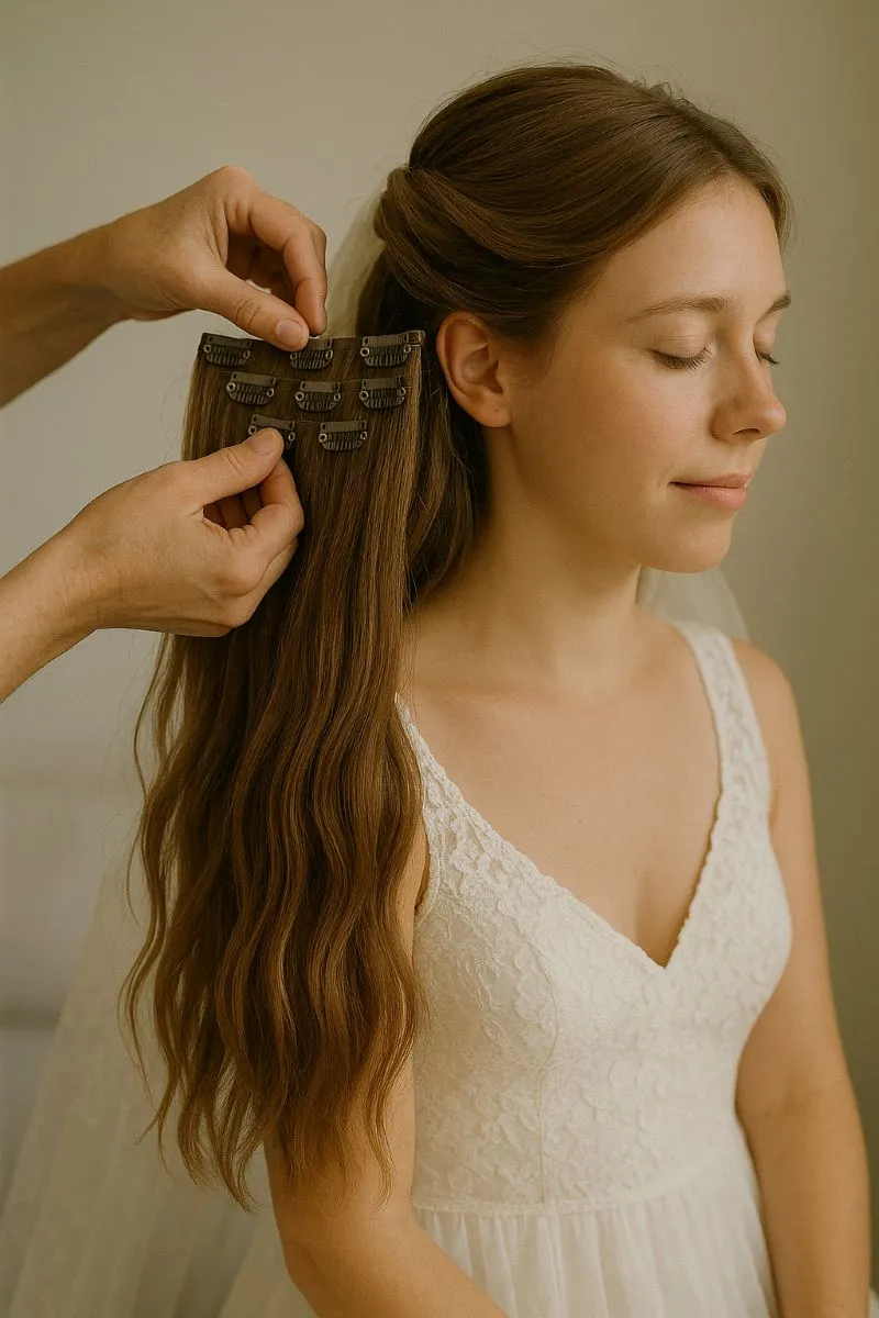 Extensions à clips pour coiffure de mariage Application d’extensions à clips sur une mariée aux cheveux longs
